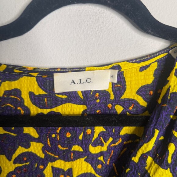 A.L.C. Women's 4 Floral Cutout Midi Dress Yellow Purple Ruffle Hem Elegant Party - Picture 6 of 7